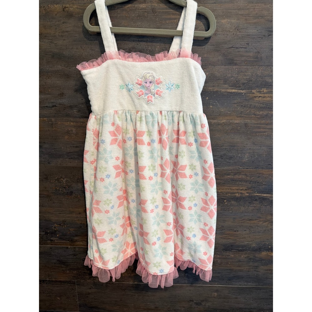 Disney Store Frozen Elsa Terry Cloth Swim Cover Up Dress White Pink Girls 7/8